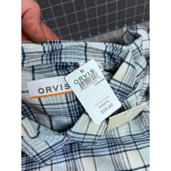 Orvis Men's Tech Check Flannel Long Sleeve Shirt XL Blue/White Plaid - Picture 3 of 9